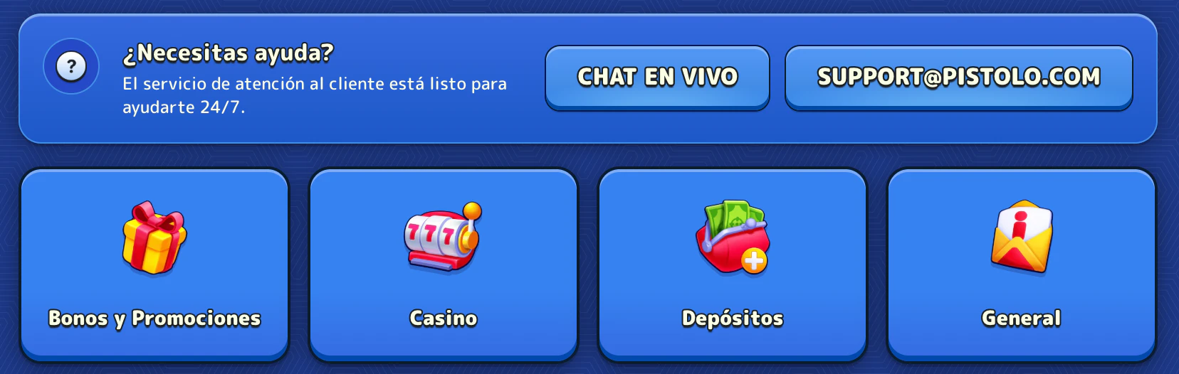 Servicio de atención al cliente y soporte técnico de Pistolo Casino